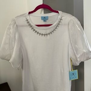 CeCe White Embellished Short Sleeve T-Shirt